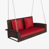 2-Person Wicker Hanging Porch Swing with Chains; Cushion; Pillow; Rattan Swing Bench for Garden; Backyard; Pond. (Brown Wicker; Beige Cushion)