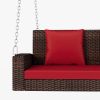 2-Person Wicker Hanging Porch Swing with Chains; Cushion; Pillow; Rattan Swing Bench for Garden; Backyard; Pond. (Brown Wicker; Beige Cushion)