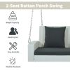 2-Person Wicker Hanging Porch Swing with Chains; Cushion; Pillow; Rattan Swing Bench for Garden; Backyard; Pond. (Brown Wicker; Beige Cushion)