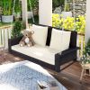 2-Person Wicker Hanging Porch Swing with Chains; Cushion; Pillow; Rattan Swing Bench for Garden; Backyard; Pond. (Brown Wicker; Beige Cushion)