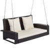 2-Person Wicker Hanging Porch Swing with Chains; Cushion; Pillow; Rattan Swing Bench for Garden; Backyard; Pond. (Brown Wicker; Beige Cushion)