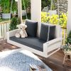 2-Person Wicker Hanging Porch Swing with Chains; Cushion; Pillow; Rattan Swing Bench for Garden; Backyard; Pond. (Brown Wicker; Beige Cushion)